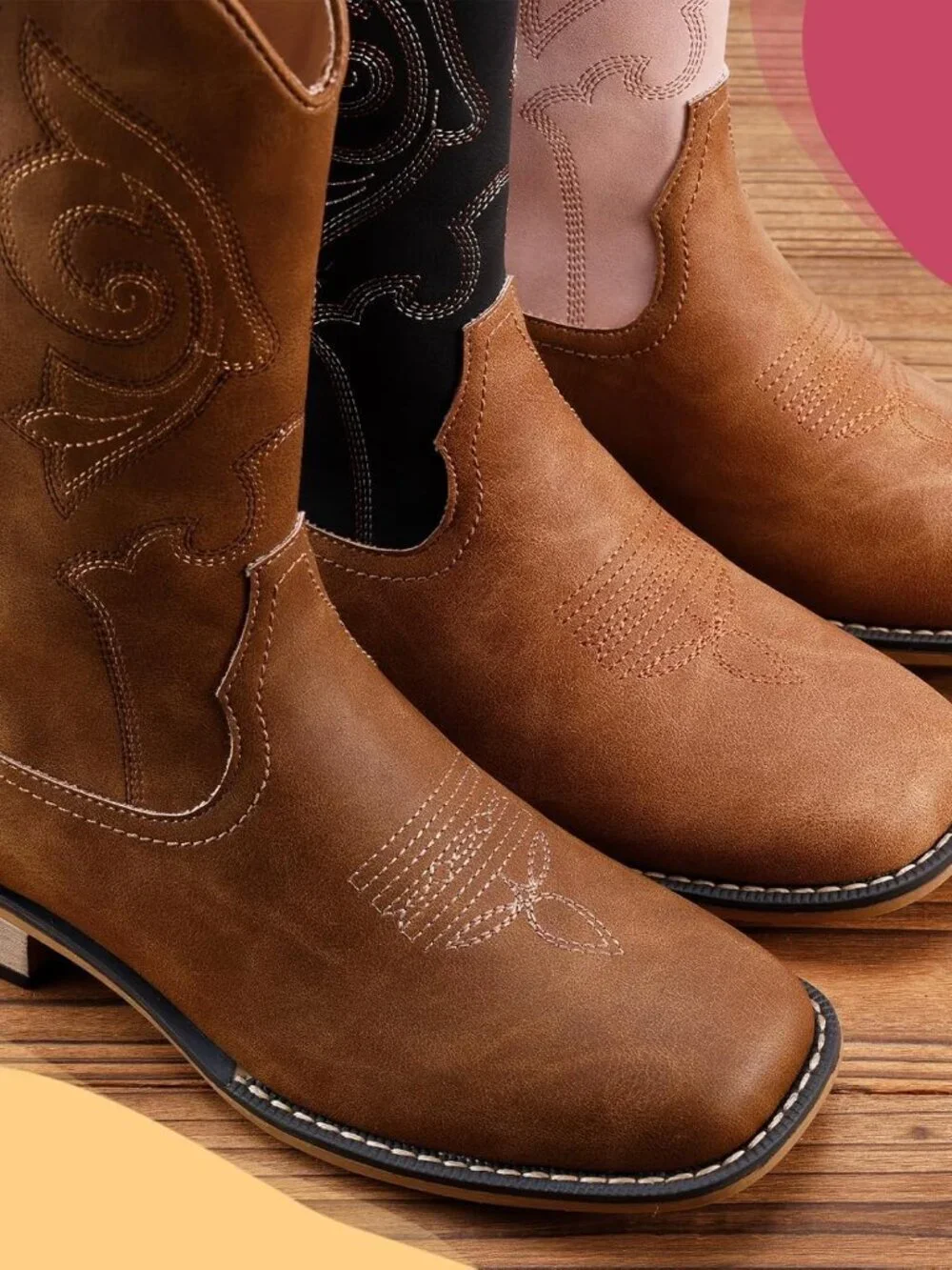 Girls Pink Embroidered Square Toe  Knee High Pointed Toe Chunky Shoes Boots